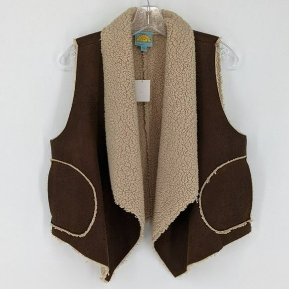 C&C California Faux Suede Sherpa Vest Small Coffee Brown Tan Boho Open Front New - Picture 4 of 13